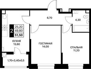 2-к квартира, вторичка, 52м2, 2/12 этаж