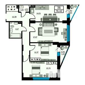 3-к квартира, вторичка, 76м2, 10/25 этаж