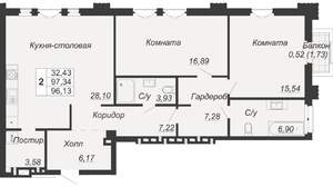 2-к квартира, вторичка, 96м2, 6/7 этаж