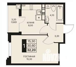 1-к квартира, строящийся дом, 32м2, 6/12 этаж