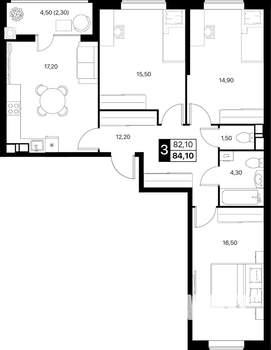 3-к квартира, вторичка, 84м2, 4/12 этаж