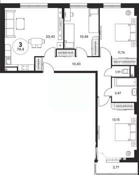 3-к квартира, вторичка, 74м2, 10/25 этаж