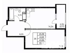 1-к квартира, вторичка, 46м2, 22/25 этаж