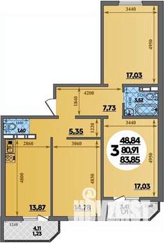 3-к квартира, строящийся дом, 84м2, 14/17 этаж