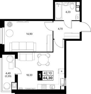 1-к квартира, строящийся дом, 44м2, 12/20 этаж
