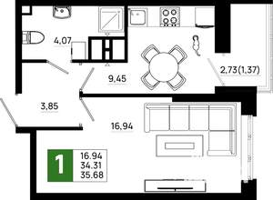 1-к квартира, вторичка, 36м2, 8/21 этаж