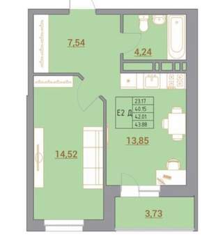 2-к квартира, сданный дом, 44м2, 10/21 этаж