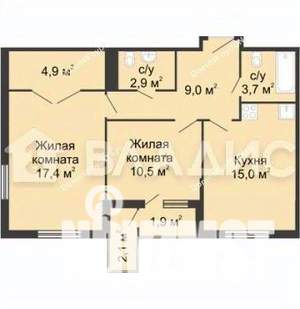 2-к квартира, вторичка, 64м2, 12/12 этаж