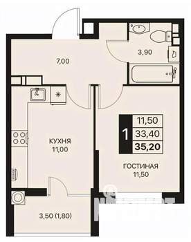 1-к квартира, строящийся дом, 35м2, 12/12 этаж