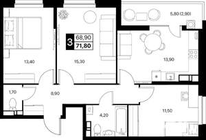 3-к квартира, строящийся дом, 72м2, 6/12 этаж