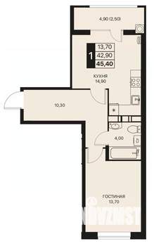1-к квартира, строящийся дом, 45м2, 6/12 этаж