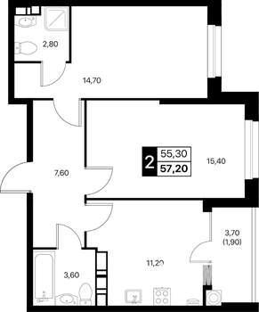 2-к квартира, вторичка, 57м2, 5/12 этаж