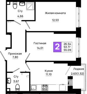 2-к квартира, вторичка, 55м2, 2/25 этаж