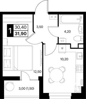 1-к квартира, вторичка, 32м2, 2/12 этаж