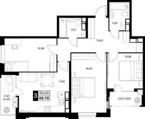 3-к квартира, строящийся дом, 90м2, 14/20 этаж