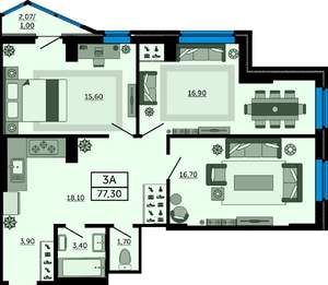 3-к квартира, сданный дом, 77м2, 20/25 этаж
