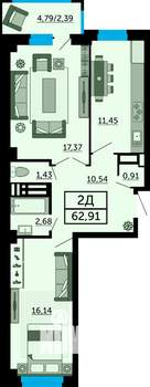 2-к квартира, строящийся дом, 63м2, 24/24 этаж