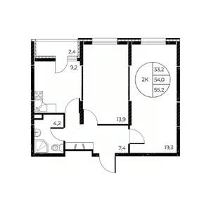 2-к квартира, вторичка, 55м2, 2/25 этаж