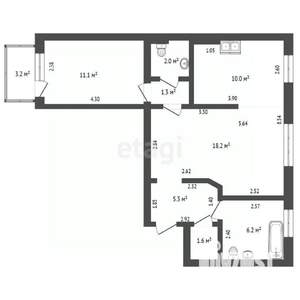 2-к квартира, вторичка, 63м2, 1/9 этаж