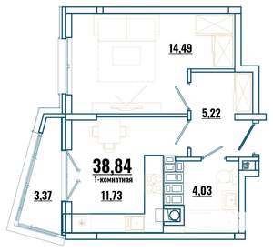 1-к квартира, строящийся дом, 39м2, 2/4 этаж