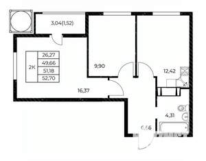 2-к квартира, строящийся дом, 53м2, 8/25 этаж