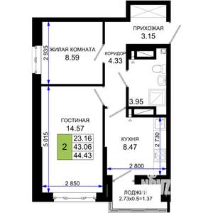 2-к квартира, строящийся дом, 44м2, 24/25 этаж