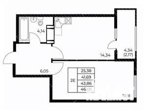 1-к квартира, вторичка, 46м2, 21/25 этаж