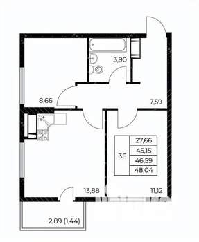 2-к квартира, строящийся дом, 48м2, 19/25 этаж