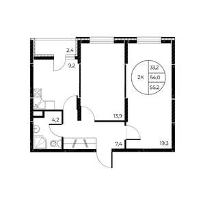 2-к квартира, вторичка, 55м2, 2/25 этаж
