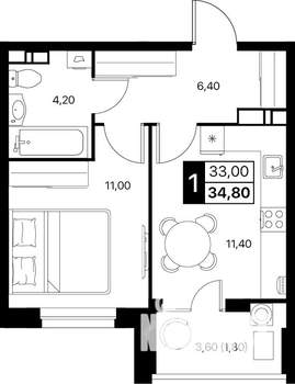 1-к квартира, строящийся дом, 35м2, 3/12 этаж