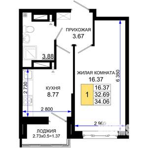 1-к квартира, вторичка, 34м2, 8/25 этаж