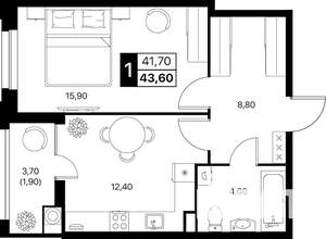 1-к квартира, строящийся дом, 44м2, 2/20 этаж