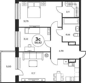 3-к квартира, вторичка, 60м2, 12/20 этаж