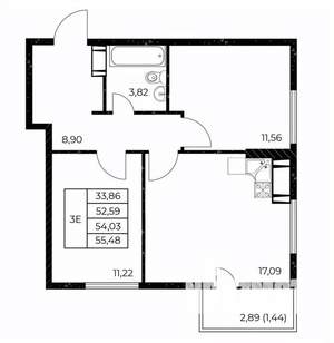 2-к квартира, строящийся дом, 55м2, 17/25 этаж