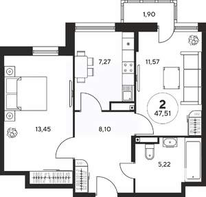 2-к квартира, вторичка, 47м2, 6/25 этаж