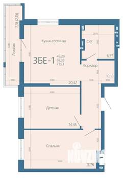 3-к квартира, строящийся дом, 71м2, 13/15 этаж