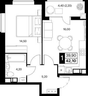 1-к квартира, вторичка, 42м2, 9/12 этаж