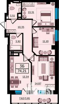 3-к квартира, вторичка, 74м2, 12/25 этаж