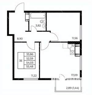 2-к квартира, строящийся дом, 55м2, 9/25 этаж