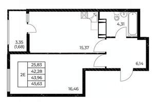 1-к квартира, вторичка, 46м2, 17/25 этаж