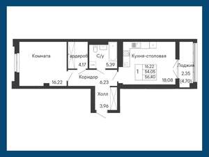 1-к квартира, вторичка, 56м2, 6/8 этаж