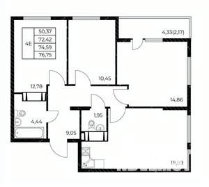 3-к квартира, строящийся дом, 77м2, 21/25 этаж