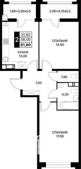 2-к квартира, вторичка, 62м2, 3/20 этаж