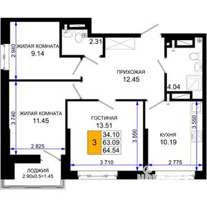3-к квартира, вторичка, 65м2, 19/25 этаж