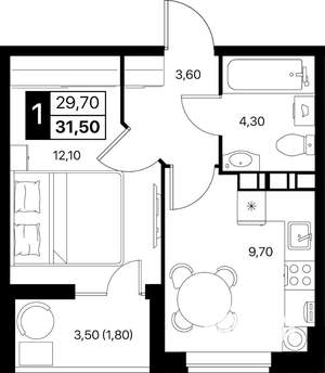 1-к квартира, вторичка, 32м2, 4/12 этаж