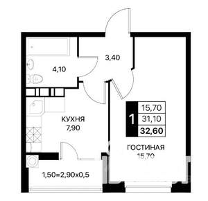 1-к квартира, вторичка, 33м2, 2/12 этаж