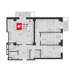 3-к квартира, строящийся дом, 112м2, 2/22 этаж