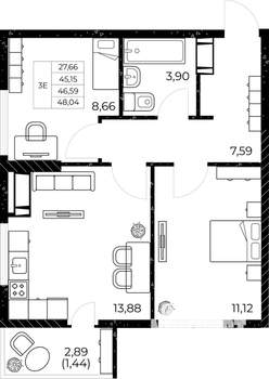 2-к квартира, вторичка, 48м2, 19/25 этаж
