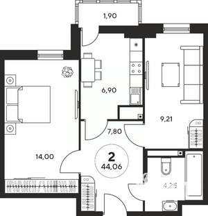 2-к квартира, вторичка, 44м2, 25/25 этаж