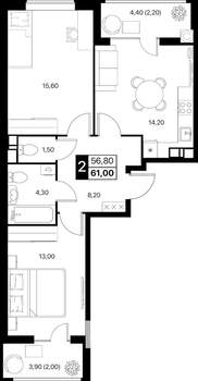 2-к квартира, вторичка, 61м2, 3/12 этаж